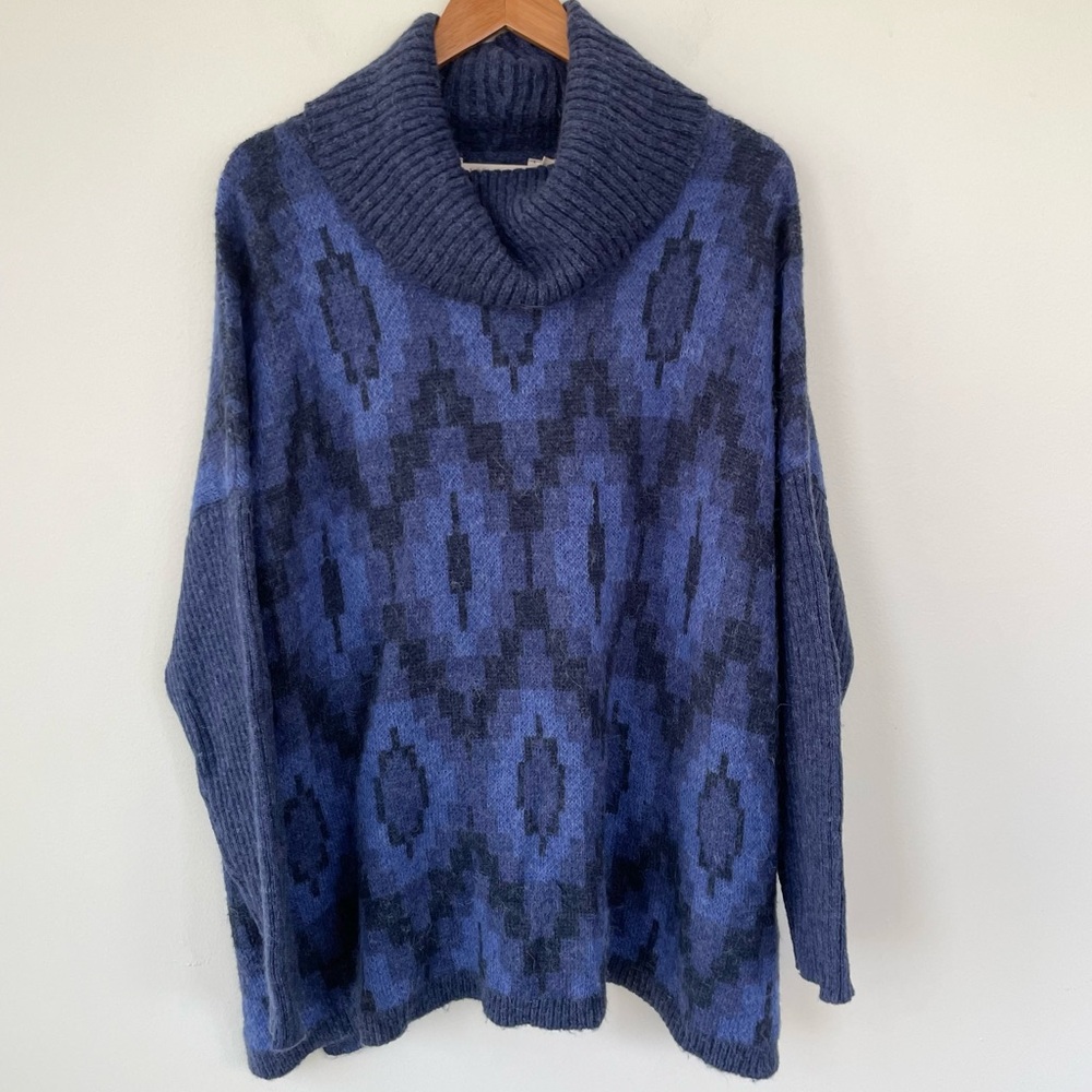 Soft Surroundings Cowl Neck Wool Alpaca Blend Aztec Western Blue Tunic Sweater L